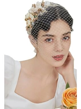 1920s Vintage Fascinator Headband with Mesh Flower & Pearl Veil for Weddings